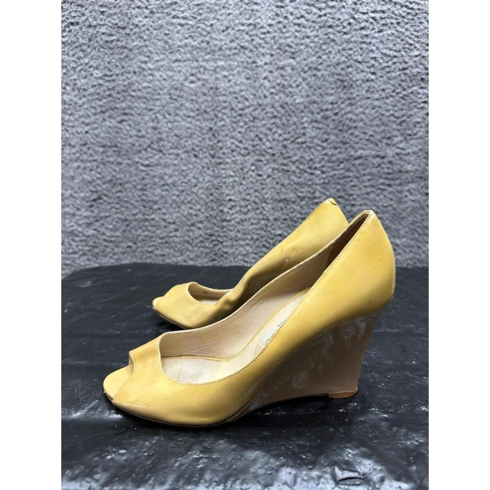 Jimmy Choo Patent Leather Peep Toe Wedge Pumps Yellow Womens Size 38 EU